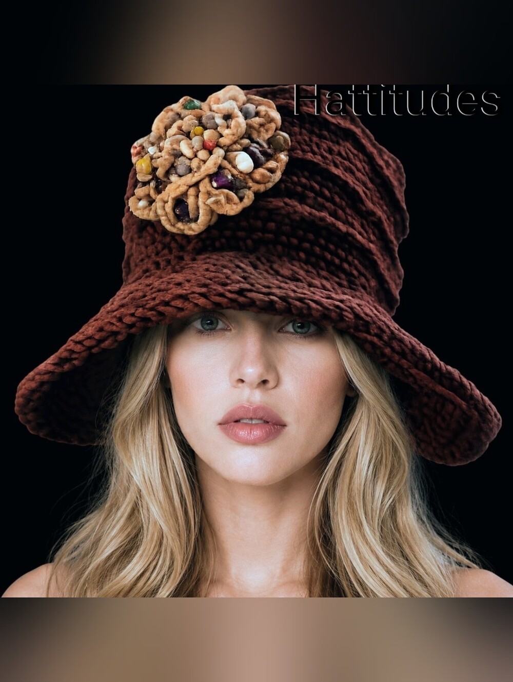 NWT Embossed Crochet Hemp Wide Brim Hat With Crochet Seashell Brooche